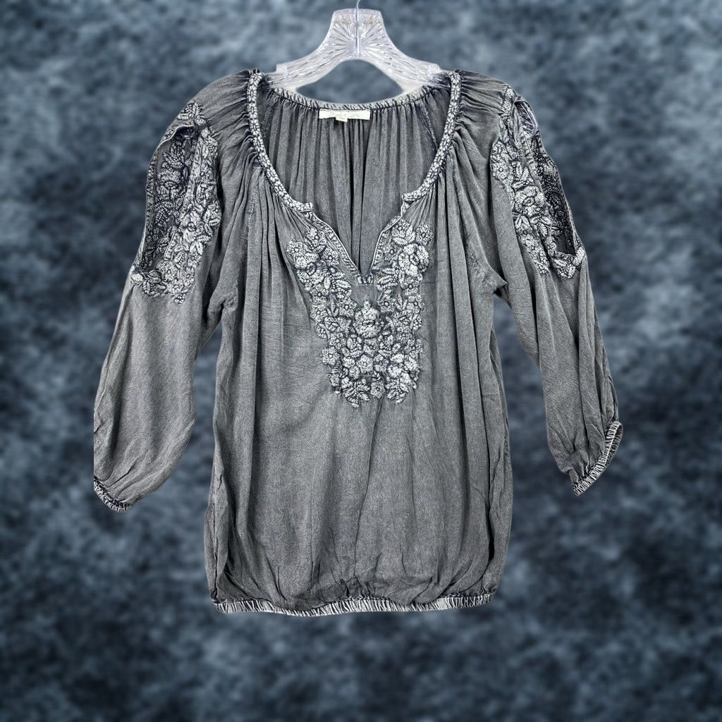 Vintage Solitaire Boho Top Womens S Gray Embroidered V Neck 3/4 Slit Sleeve Chambray Size S / US 4 / IT 40 - 1 Thumbnail