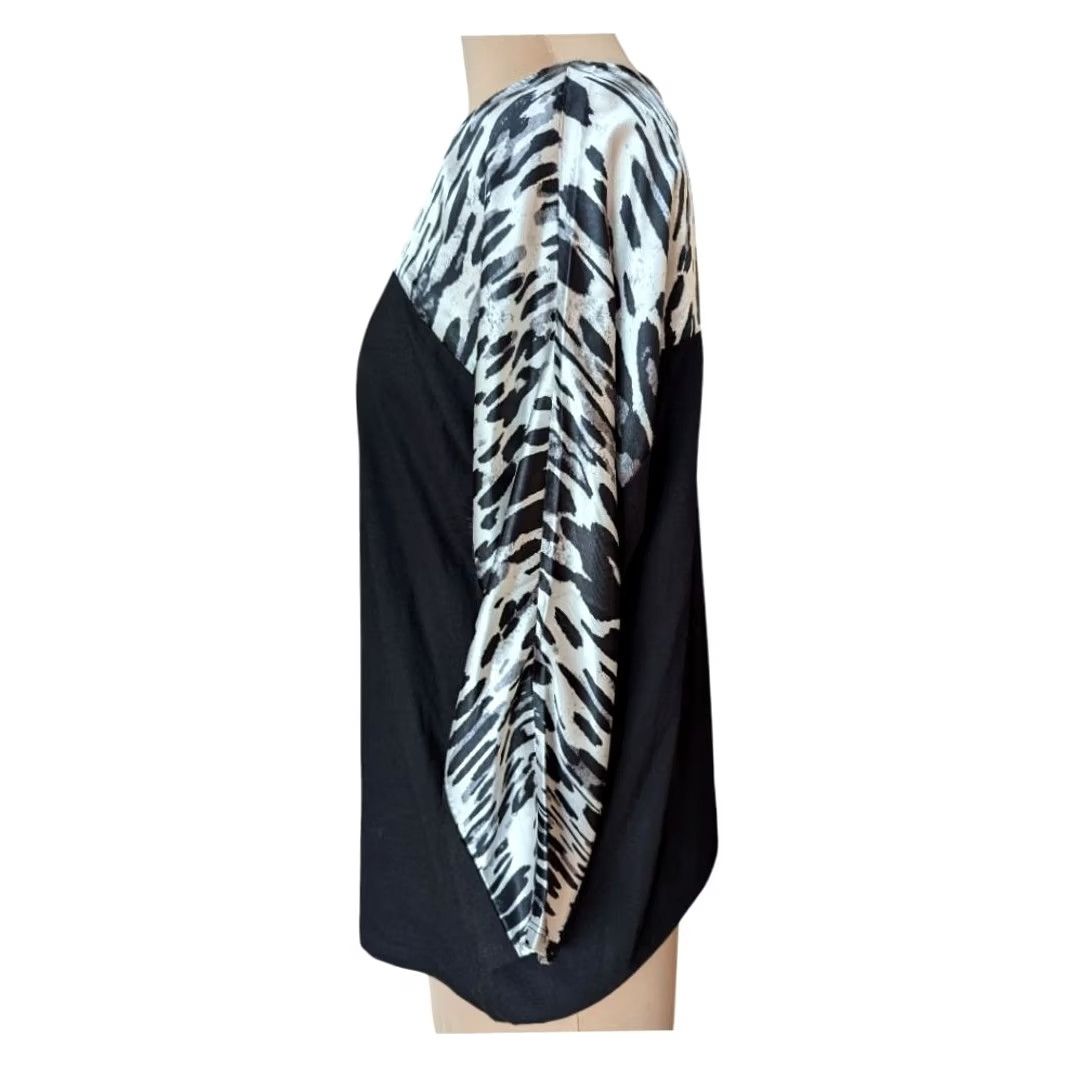 Vintage Chicos Black & White Animal Print Blouse Top 3/4 Sleeve Boat Neck Sz 2 (12/L) Size XL / US 12-14 / IT 48-50 - 2 Thumbnail