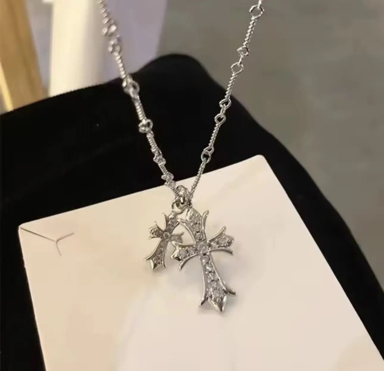 Jewelry Gothic Double Cross Necklace Silver Vintage Necklace Y2K Size ONE SIZE - 3 Thumbnail