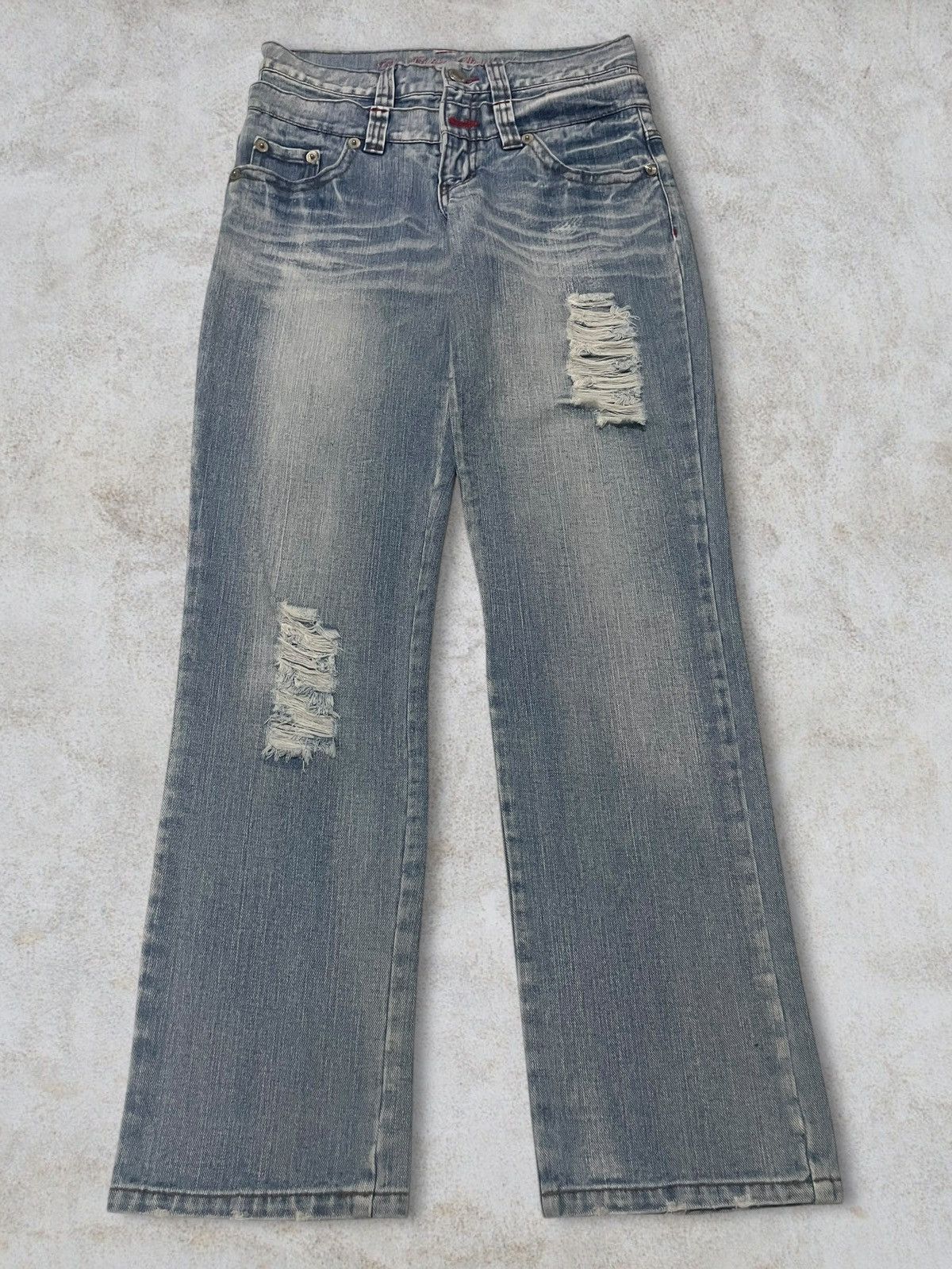 Japanese Brand Japanese Double Waist Spellout Embroidered Distressed Jeans Size 29" - 3 Thumbnail