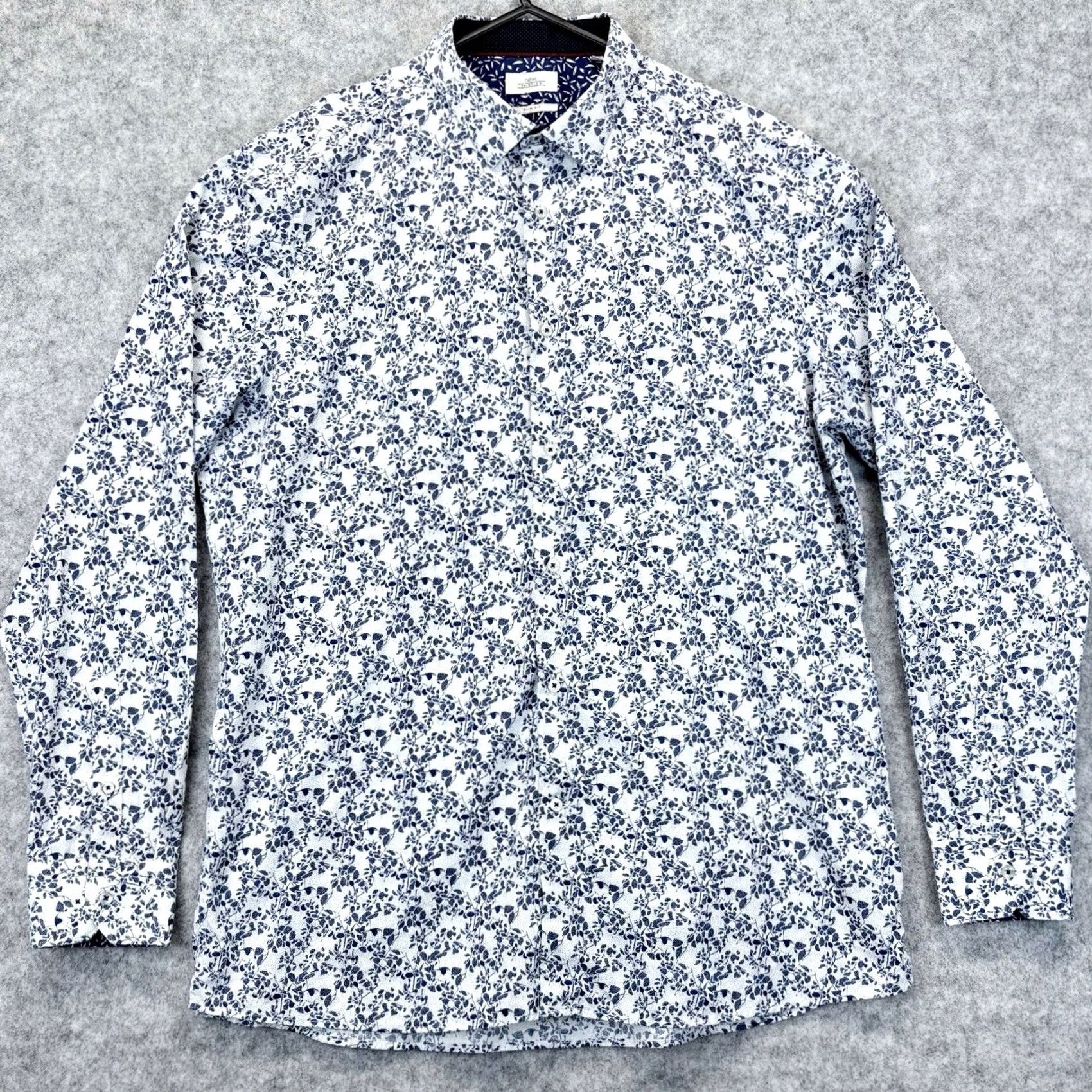 NEXT NEXT Slim Fit Shirt Mens 17/43 Navy White Floral Print Dress Shirt Long Sleeve Collared Button Formal Vintage No Size US XL / EU 56 / 4 - 2 Thumbnail