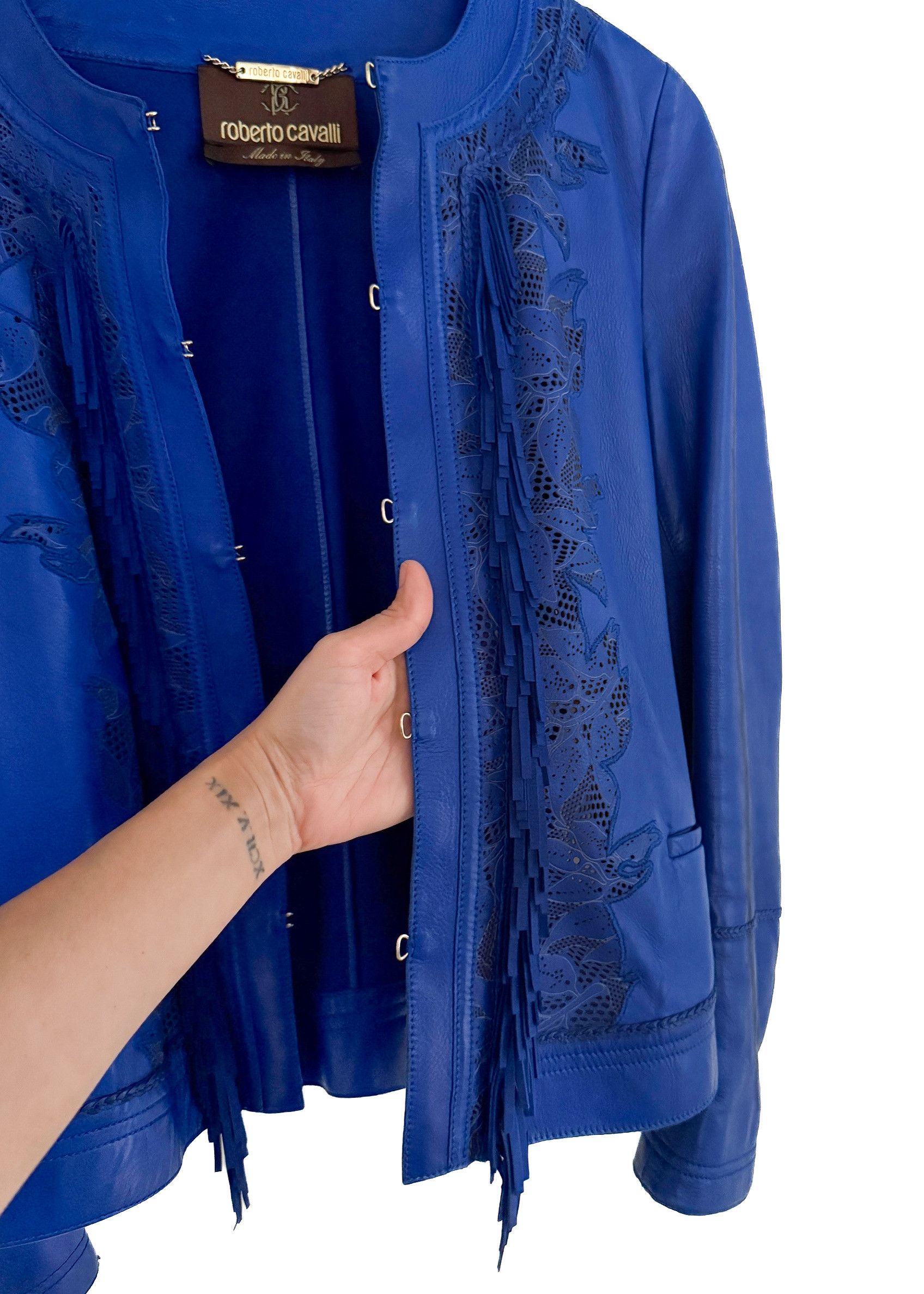 Roberto Cavalli Roberto Cavalli Royal Blue Leather Fringed Perforated Jacket Size S / US 4 / IT 40 - 3 Thumbnail