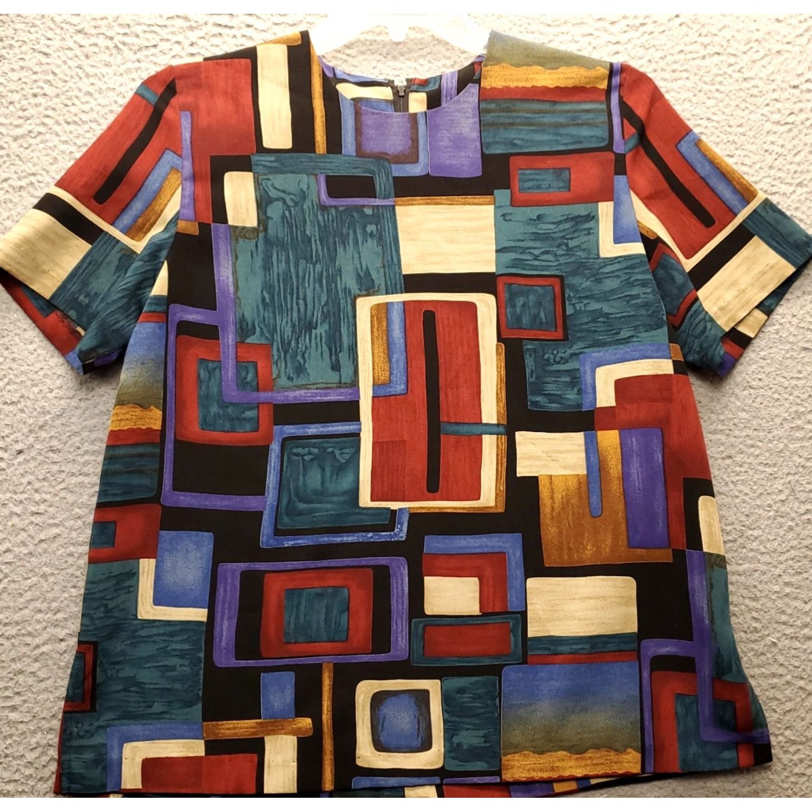 Asics Nancy II Shirt Women Size 12 Multicolor Geometric Crew Neck Slit Back Zip - Basic Casual Blouse Size XL / US 12-14 / IT 48-50 - 2 Thumbnail