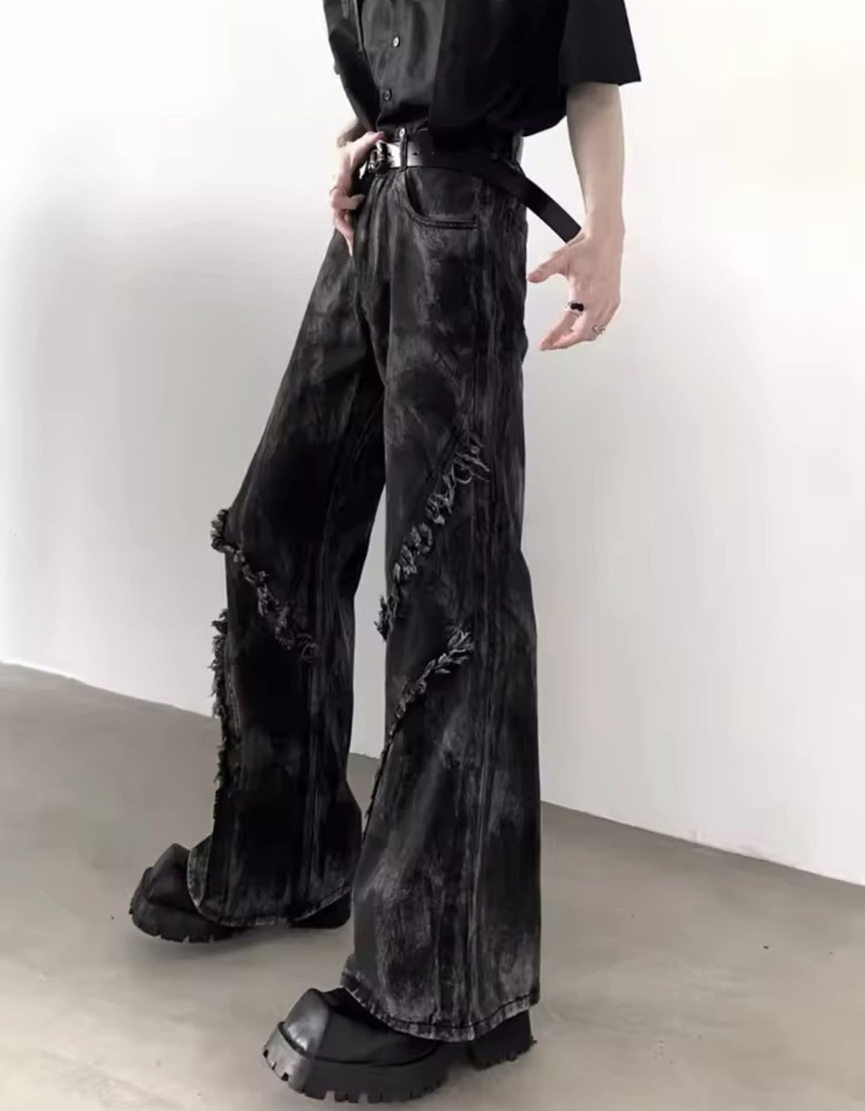 Denime × Jean Ropa Y2K Streetwear Washed Black Baggy Stacked Flare Jeans Size US 32 / EU 48 - 6 Thumbnail