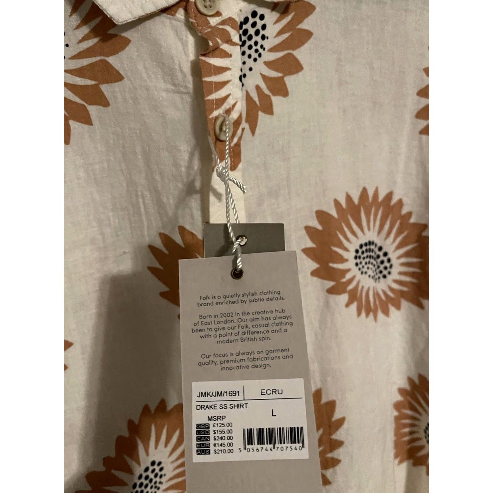 Folk Folk Drake S/S Button Up Hawaiian Shirt Linen Blend Ivory Floral - Men's L - New Size US L / EU 52-54 / 3 - 3 Thumbnail