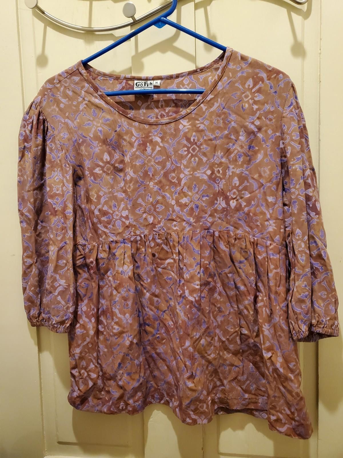 Designer Go Fish Size M Brown Purple Boho Hippie Peasant Batik Blouse Size M / US 6-8 / IT 42-44 - 1 Thumbnail
