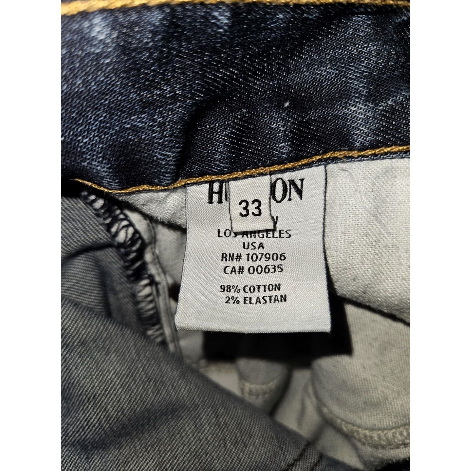 Hudson Hudson Jeans Mens 33 Blue Straight Leg Button Fly Made in USA Dark Wash Denim 98% Cotton 2% Elastan Distressed Logo Back Pocket Flag/Union Jack Size US 33 - 2 Thumbnail