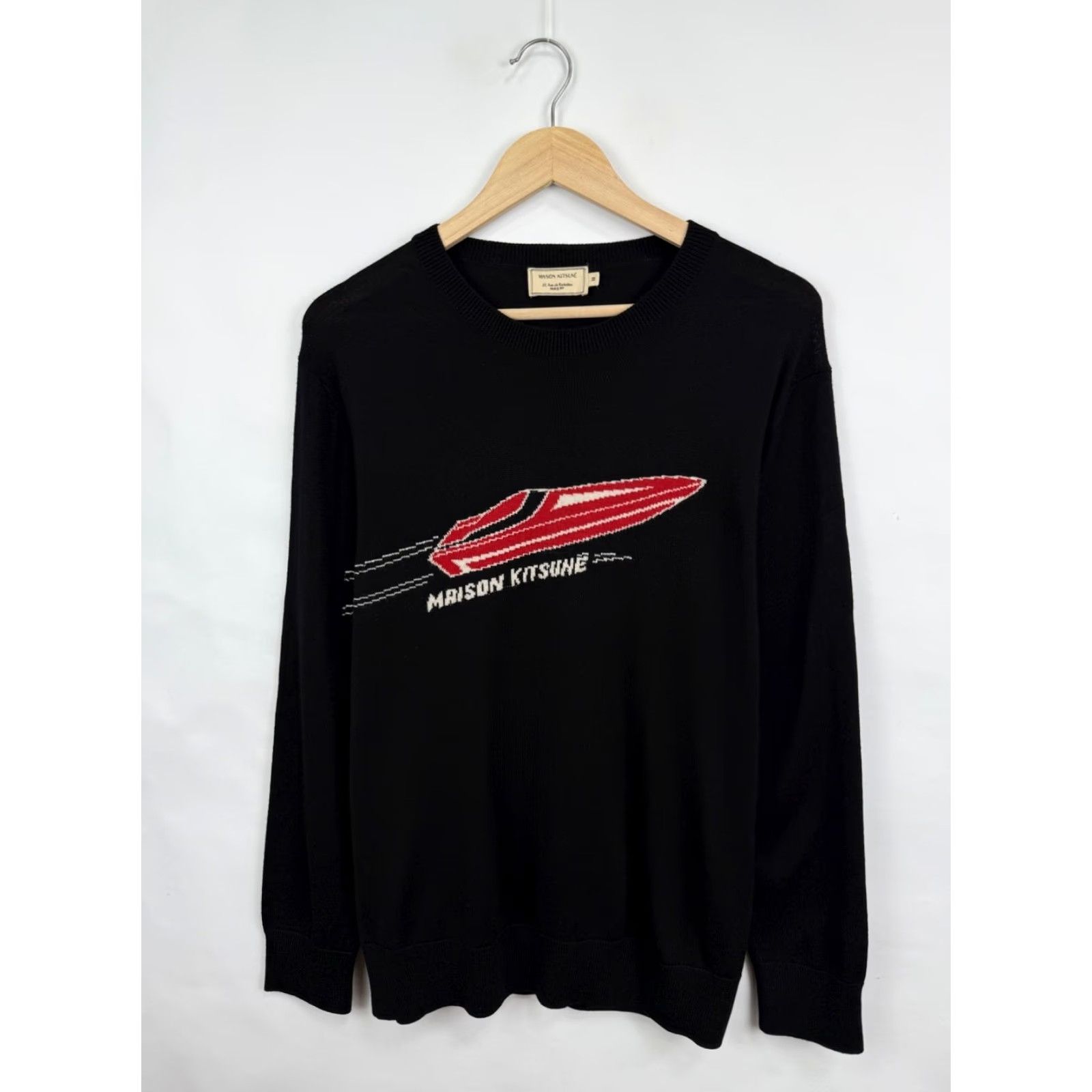 Vintage Maison Kitsune Paris Speedboat Wool Laine Sweaters M Black Mens Sweater Knit Wool Crew Neck Pullover Vintage-Style Paris Theme 90s? Size US M / EU 48-50 / 2 - 3 Thumbnail