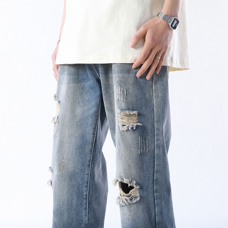 Japanese Brand Men's casual straight leg high street wide leg ripped jeans Size US 32 / EU 48 - 4 Thumbnail