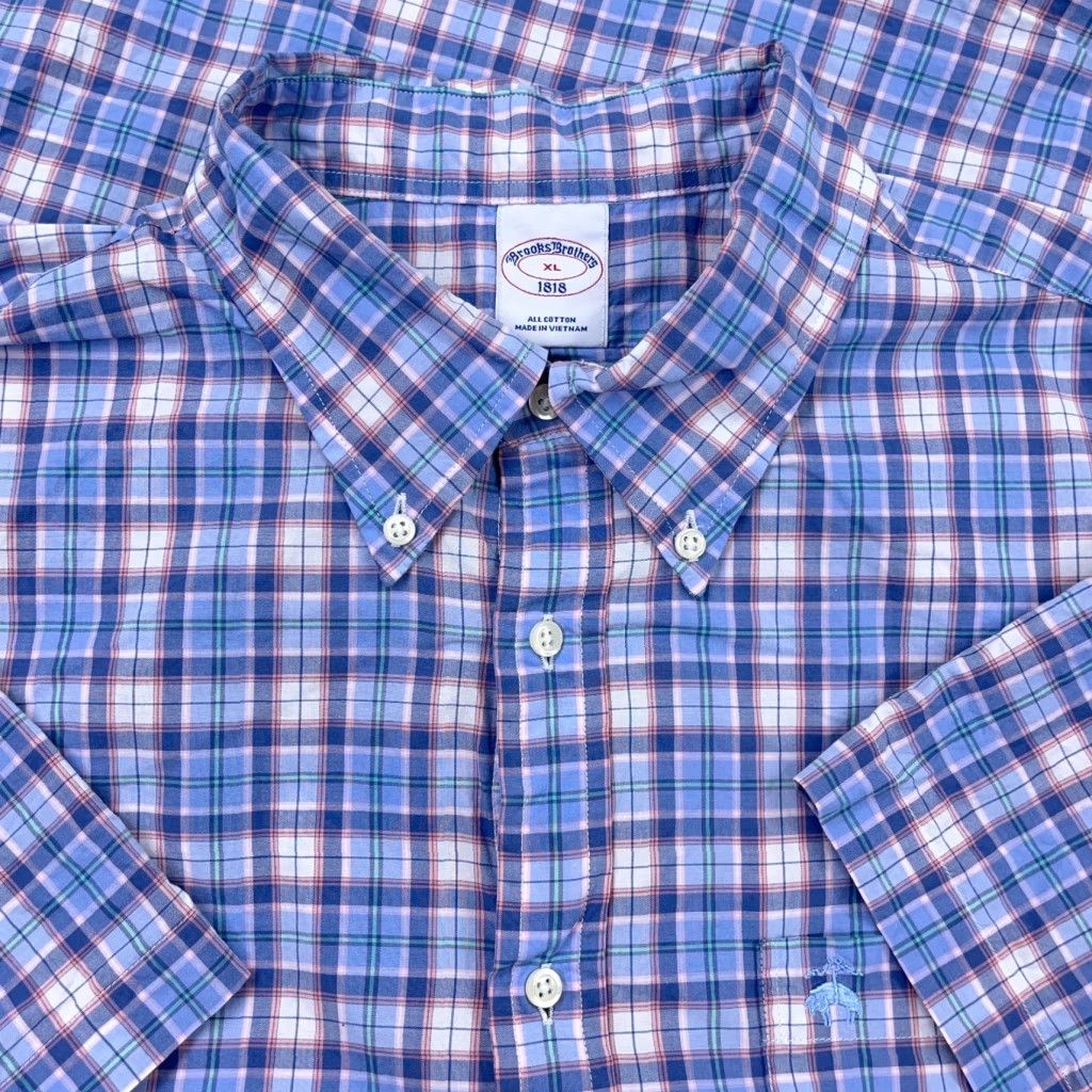Brooks Brothers Brooks Brothers Button-Up Shirt Men XL Blue Plaid Short Sleeve Casual Dress Size 46R - 1 Thumbnail