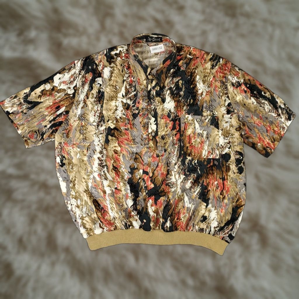 VINTAGE Alan Stuart Polo Shirt Mens XL Beige Abstract