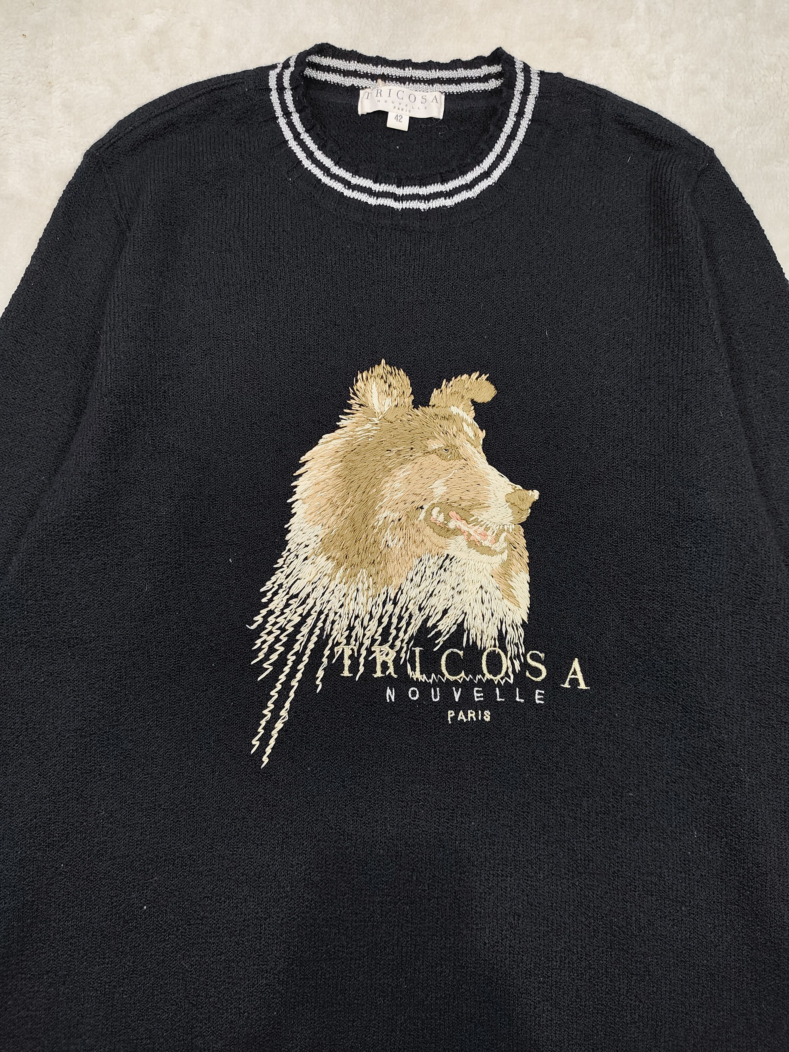 Vintage 90s Tricosa 🇫🇷 Wolf Handmade Embroidered Wool Knit Sweater Size US M / EU 48-50 / 2 - 2 Thumbnail