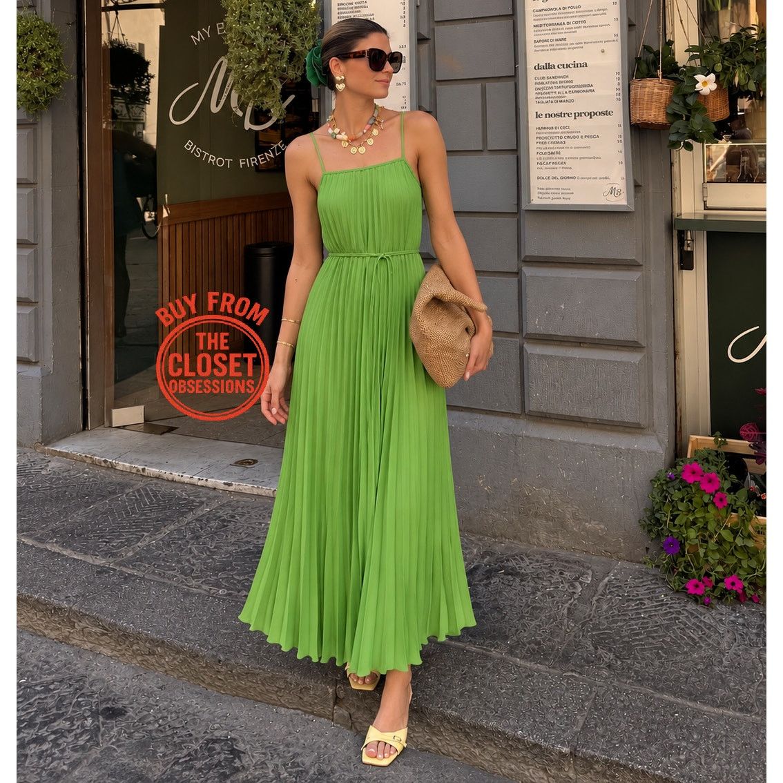 Zara Mango NWT Lime Green Pleated Midi Dress Bow Belt 6 8