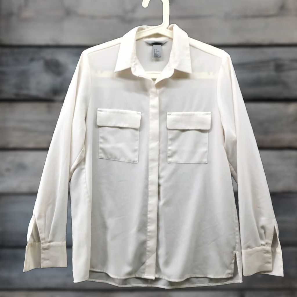 H&M H&M Blouse Shirt Womens 4 (S) Ivory Long Sleeve Chiffon Semi-Sheer Polyester Business Formal Workwear Size S / US 4 / IT 40 - 1 Thumbnail