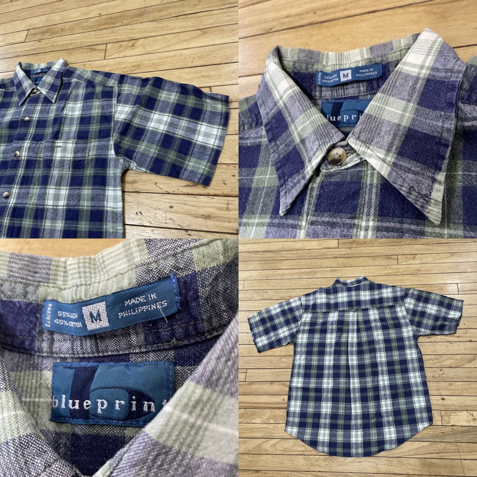 Vintage BLUEPRINT Shirt Men M Button-Up 44" Plaid Linen Cotton Vintage Blue Green Retro Short Sleeve Vintage Mens Size US M / EU 48-50 / 2 - 10 Thumbnail