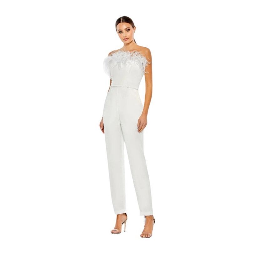 Other Mac Duggal NEW 68146 White Strapless Jumpsuit Feather Trim 2 Size 26" / US 2 / IT 38 - 1 Thumbnail