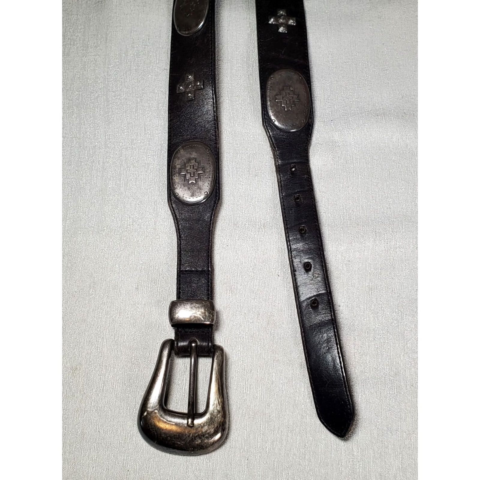 Vintage VINTAGE Another Line Inc Black Leather Western Waist Belt Metal Medallion Accents Cross Belt Women 36" Length Size ONE SIZE - 4 Thumbnail