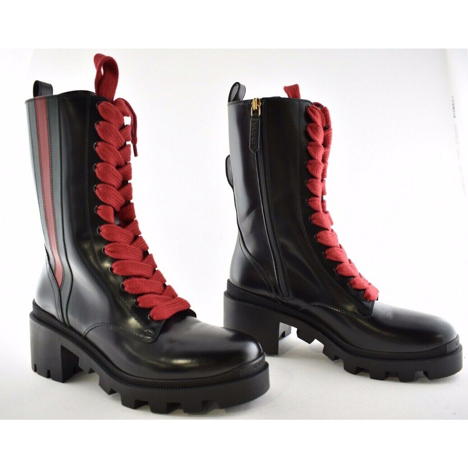 Gucci Gucci Trip Black Leather Red Green Web Stripe Mid Calf Block Size US 5 / IT 35 - 4 Thumbnail