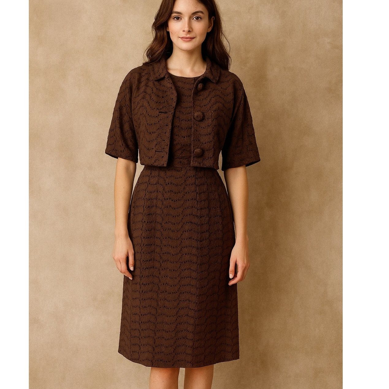 Vintage Vintage 1950s Brown Eyelet Wiggle Shift Dress Jacket Belt M Size M / US 6-8 / IT 42-44 - 1 Thumbnail