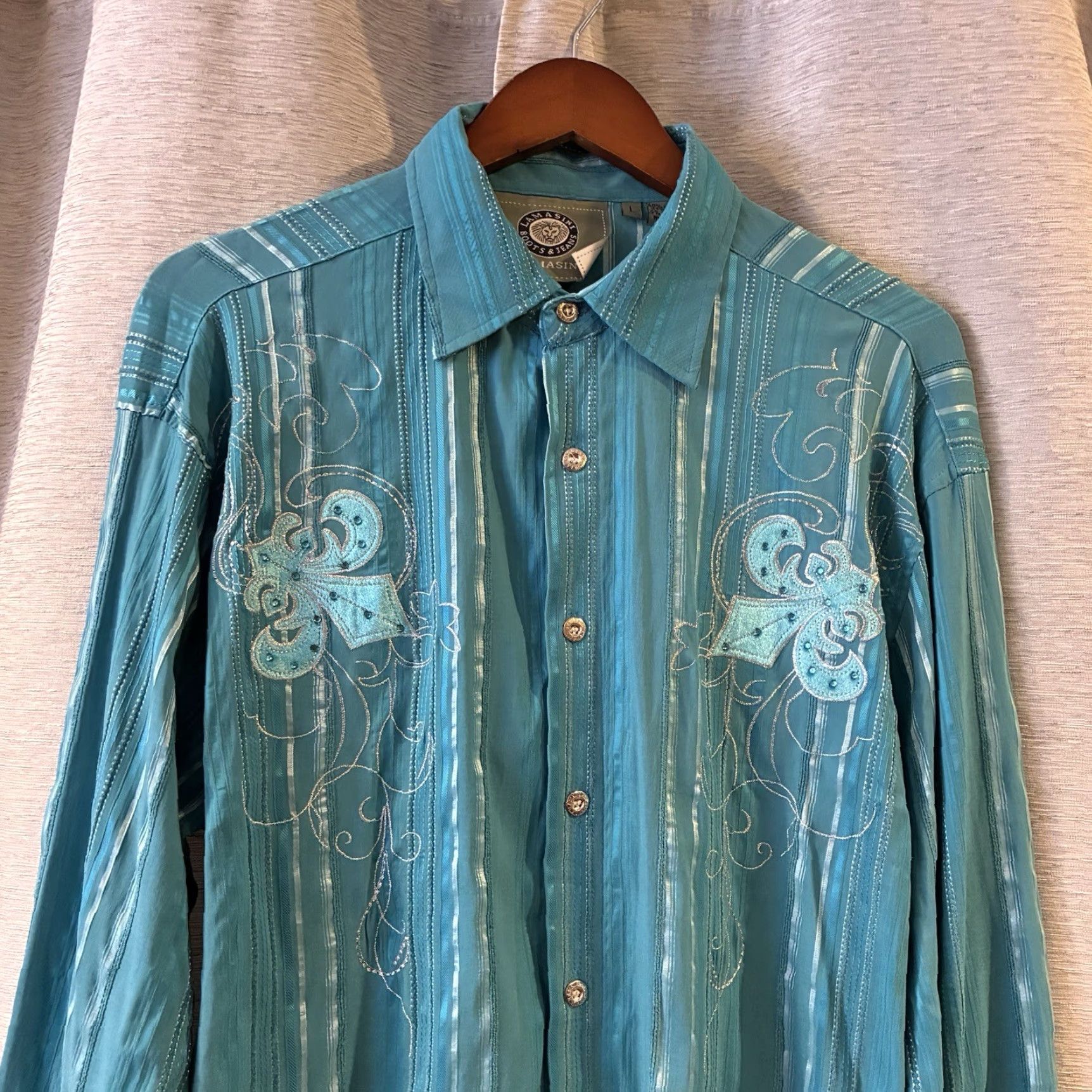 Vintage Lamasini Western Style Shirt L Button-Down Embroidered Men Teal Slim Long Sleeve Button-Up Shirt Size US L / EU 52-54 / 3 - 3 Thumbnail