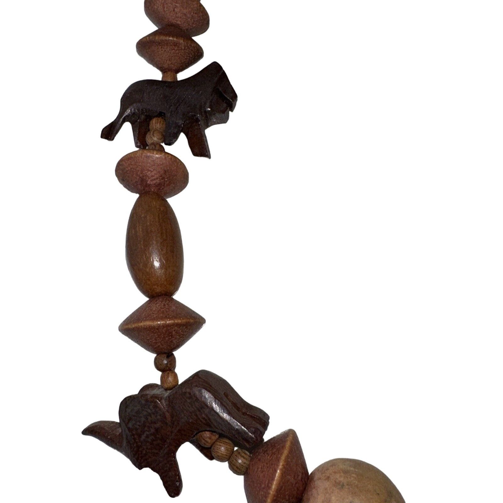 Handmade African Safari Chunky Wooden Necklace Carved Elephants Lions Size ONE SIZE - 6 Thumbnail