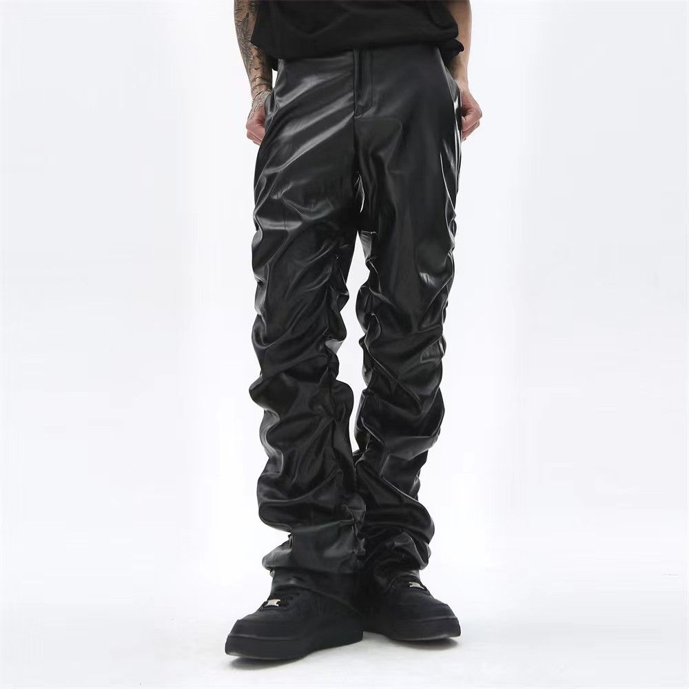 Punk black pleated stacked hip-hop trousers