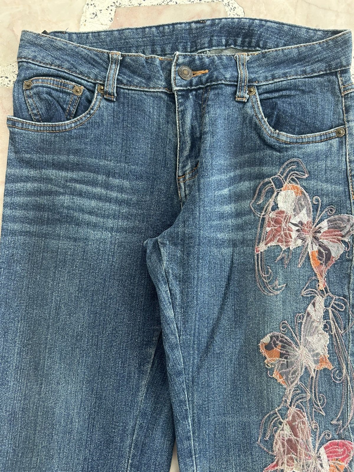Japanese Brand Playchess Japan Flare Denim Floral Embroidered Vintage Jeans Size 29" - 4 Thumbnail