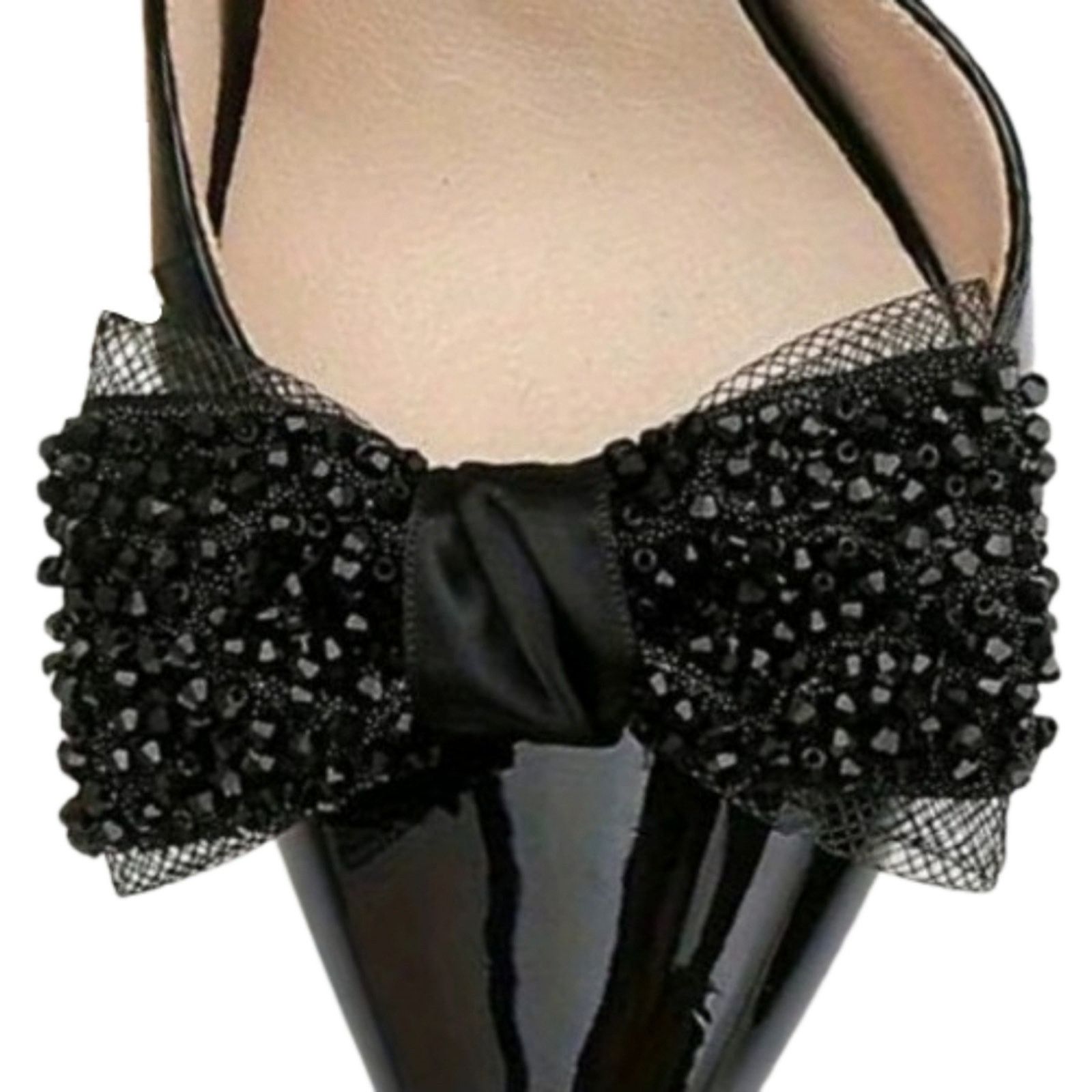 Other MIDNITE BLACK ● JET BEADS ● TULLE BOW ● SHOE CLIPS ● NWOT Size US 4 / IT 34 - 4 Thumbnail