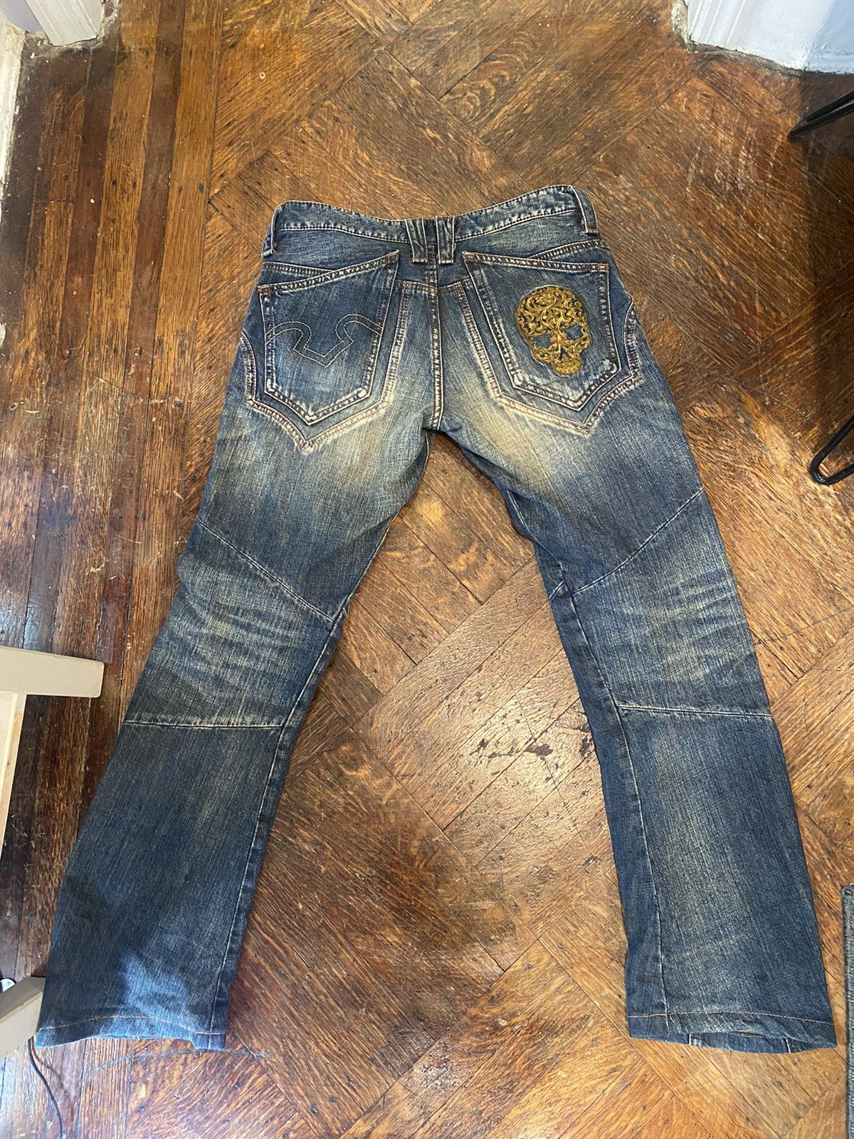 image of 14Th Addiction x If Six Was Nine Obelisk Men Size 30 Skull Embroidered Jeans in Blue