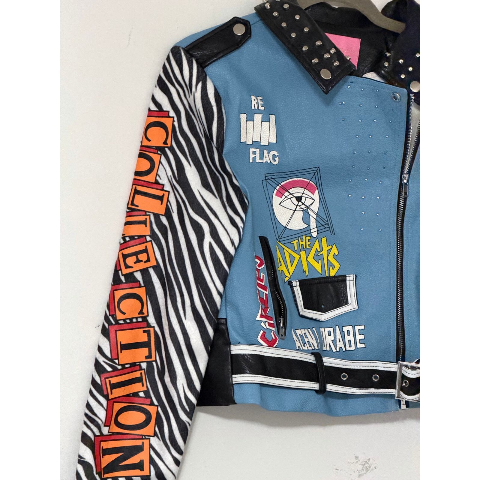 Azalea Wang Azalea Wang Blue Faux Leather Moto Jacket Zebra Sleeve Small Size S / US 4 / IT 40 - 19 Thumbnail