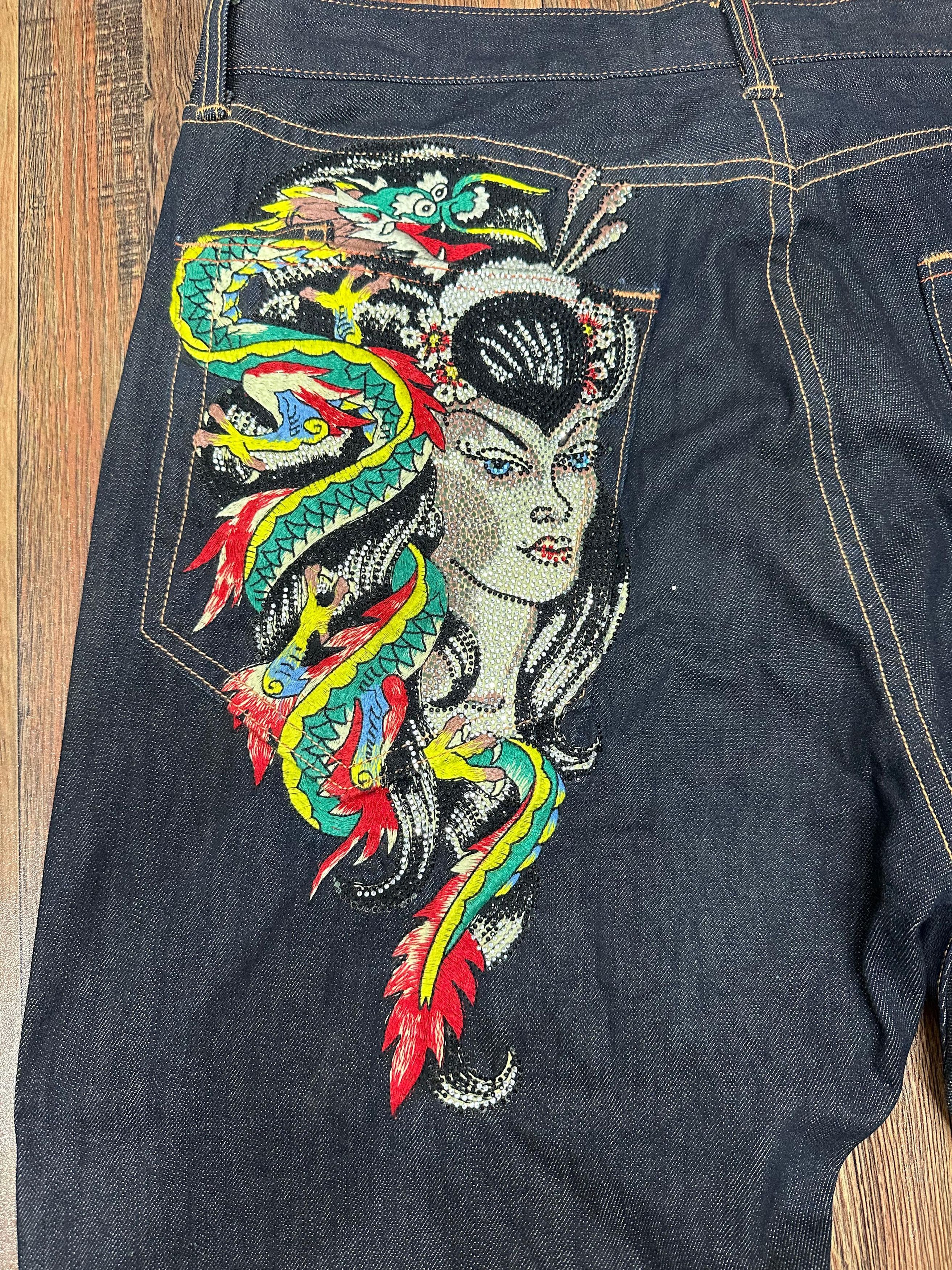 Christian Audigier × Ed Hardy × Vintage ED HARDY JEAN'S GORGEOUS DRAGON LADY ON THE BACK OF 40×34 Size US 40 / EU 56 - 3 Thumbnail