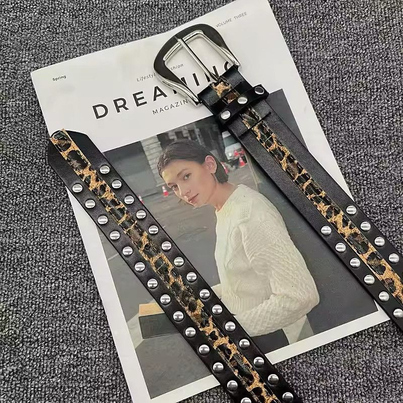 Leather Heavy Metal leopard print Rivet PU Leather Belt Size ONE SIZE - 3 Thumbnail