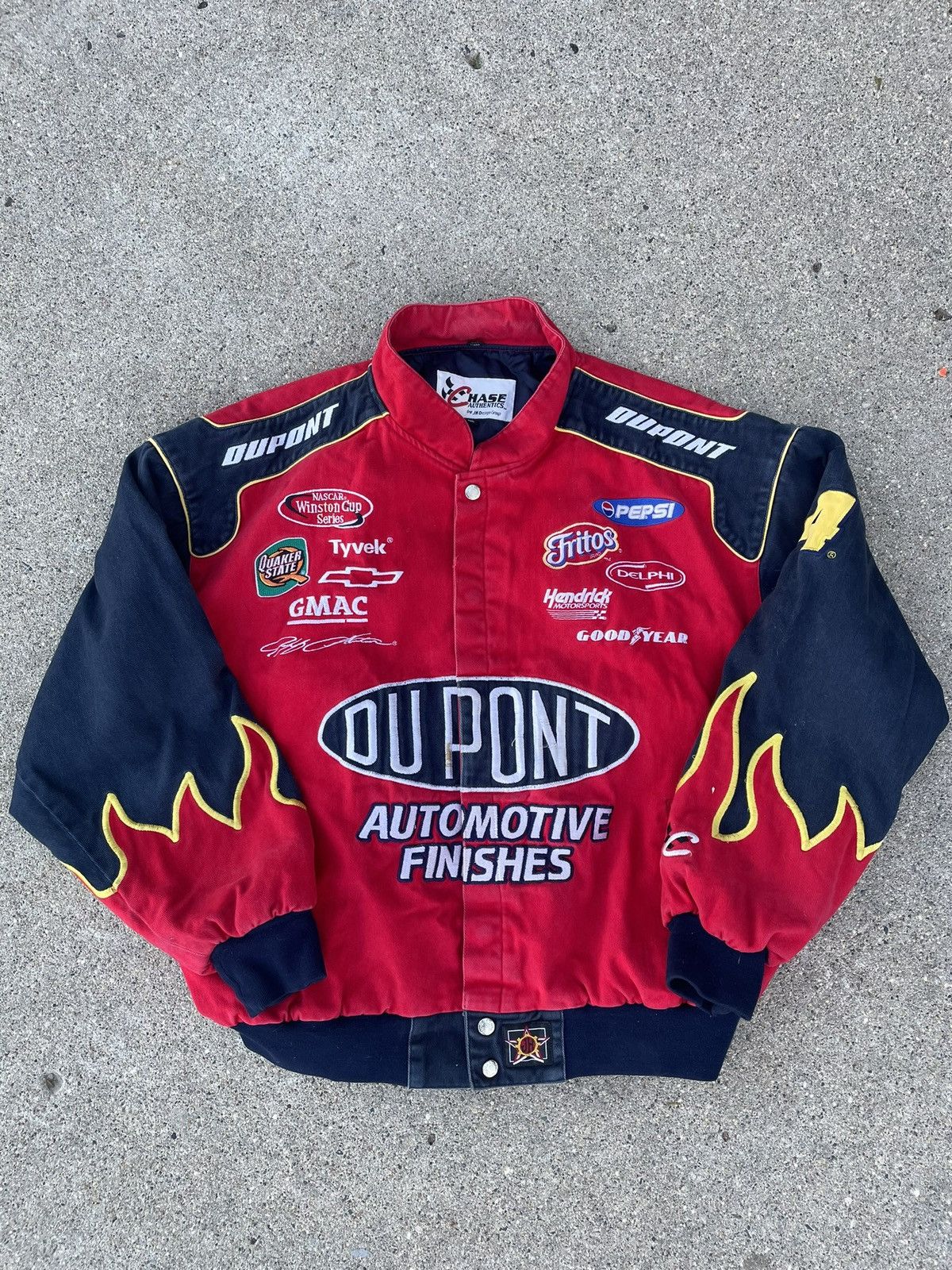 image of Chase Authentics x Nascar Vintage Jeff Gordon Dupont Flame Sleeve Racing Jacket in Red (Size 2XL)