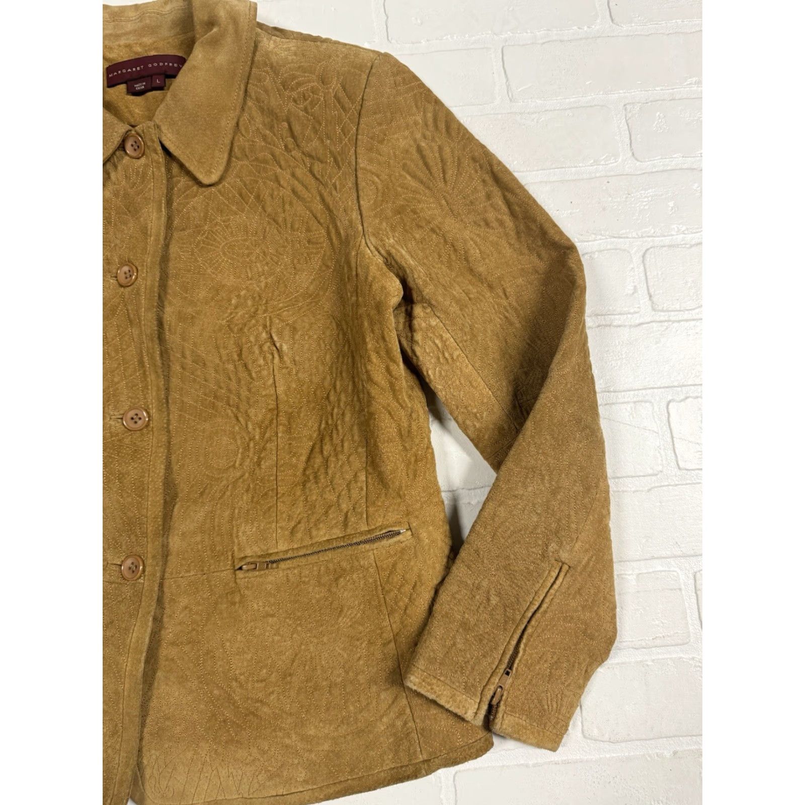 Vintage Margret Godfrey Leather Jacket Women’s L Tan Button Up Embroidered Geometric Jacket Size L / US 10 / IT 46 - 4 Thumbnail