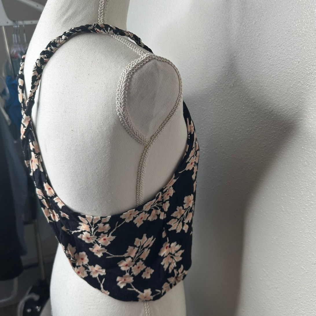 Other Boho Floral Braided Twist Back Tank Top Black Peach Linen Size XS / US 0-2 / IT 36-38 - 11 Thumbnail