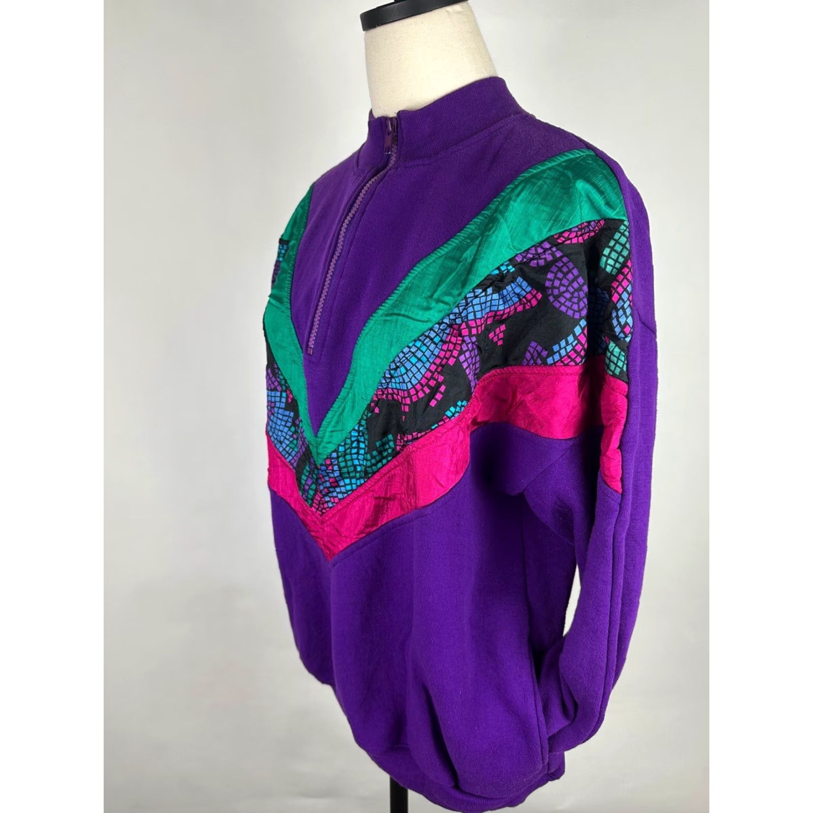 Vintage VINTAGE Active Elements Sweatshirt 80s 90s Geometric Patchwork 1/4 Zip Pullover Purple Women's Large Knit Cotton Blend Casual Womens Size L / US 10 / IT 46 - 6 Thumbnail