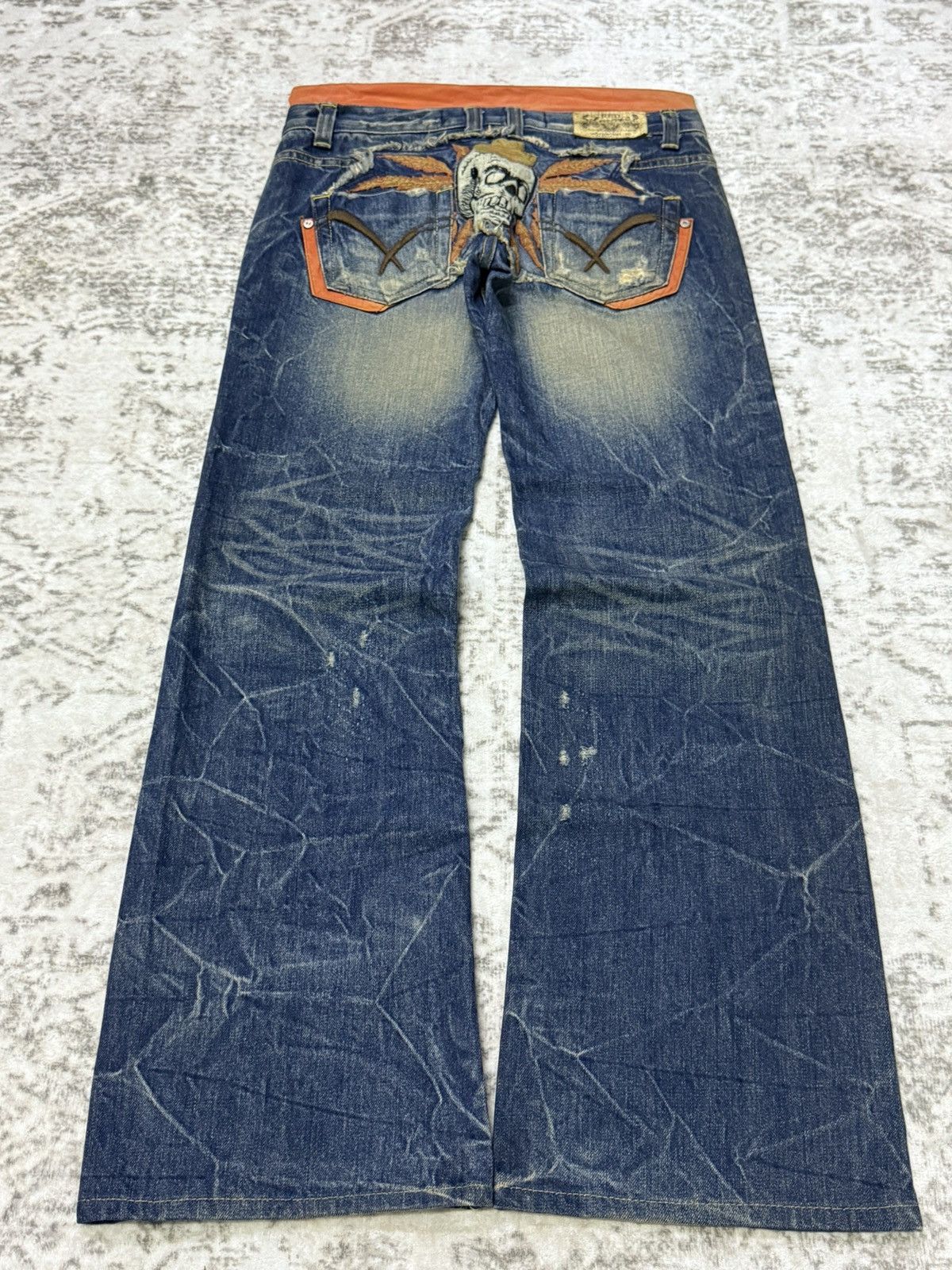 Japanese Brand 2000s Red Pepper Japan Embroidery Skull Flare Wide Leg Jeans Size 29" - 1 Thumbnail