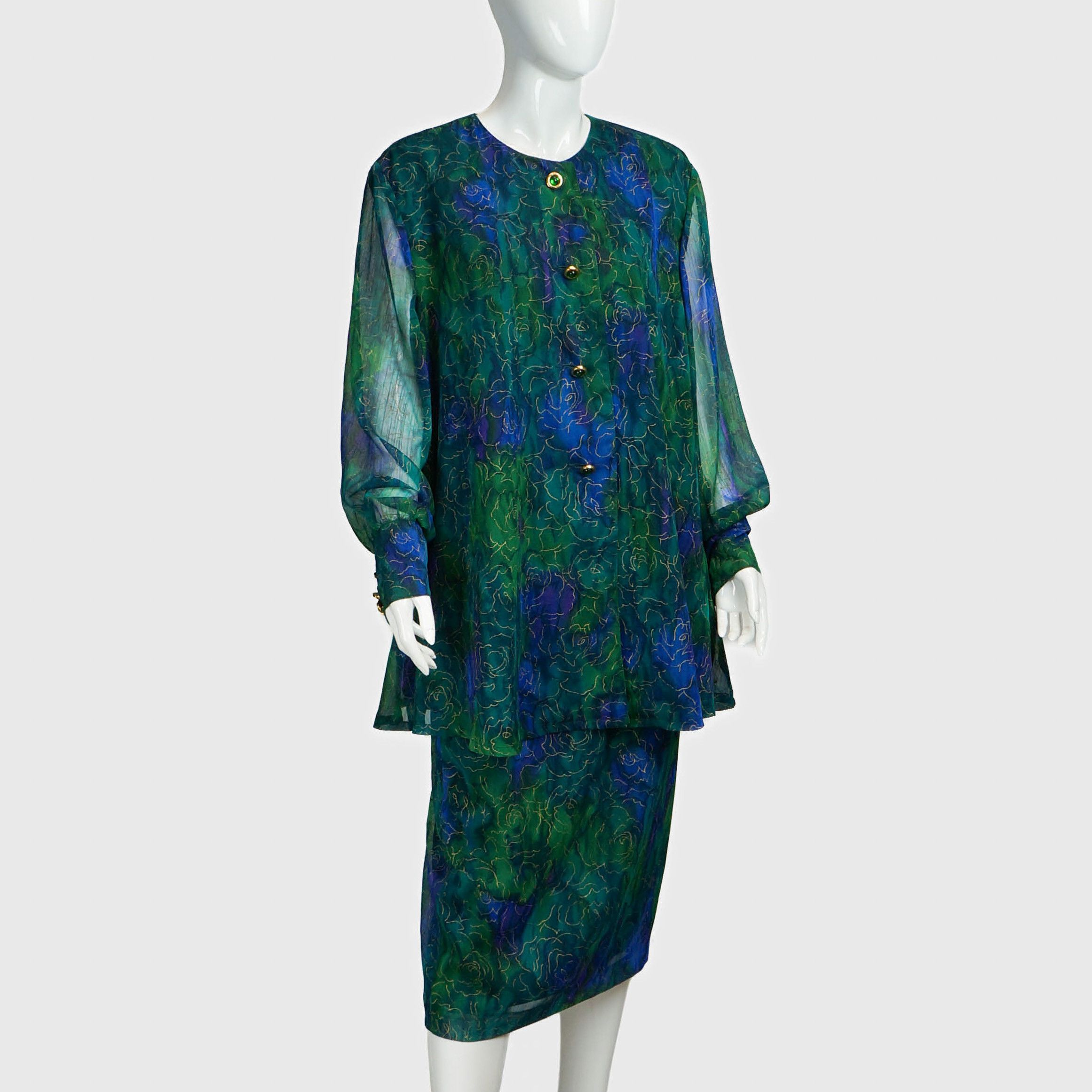 image of Givenchy Vintage 80's Light Dress Top Skirt Set Green Costume, Women's (Size Medium)