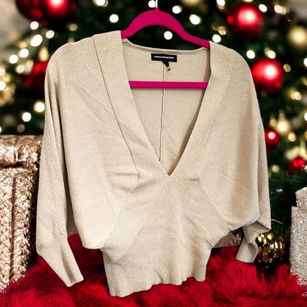 Express Express Design Studio Gold Metallic Deep V-Neck Sweater | Grailed