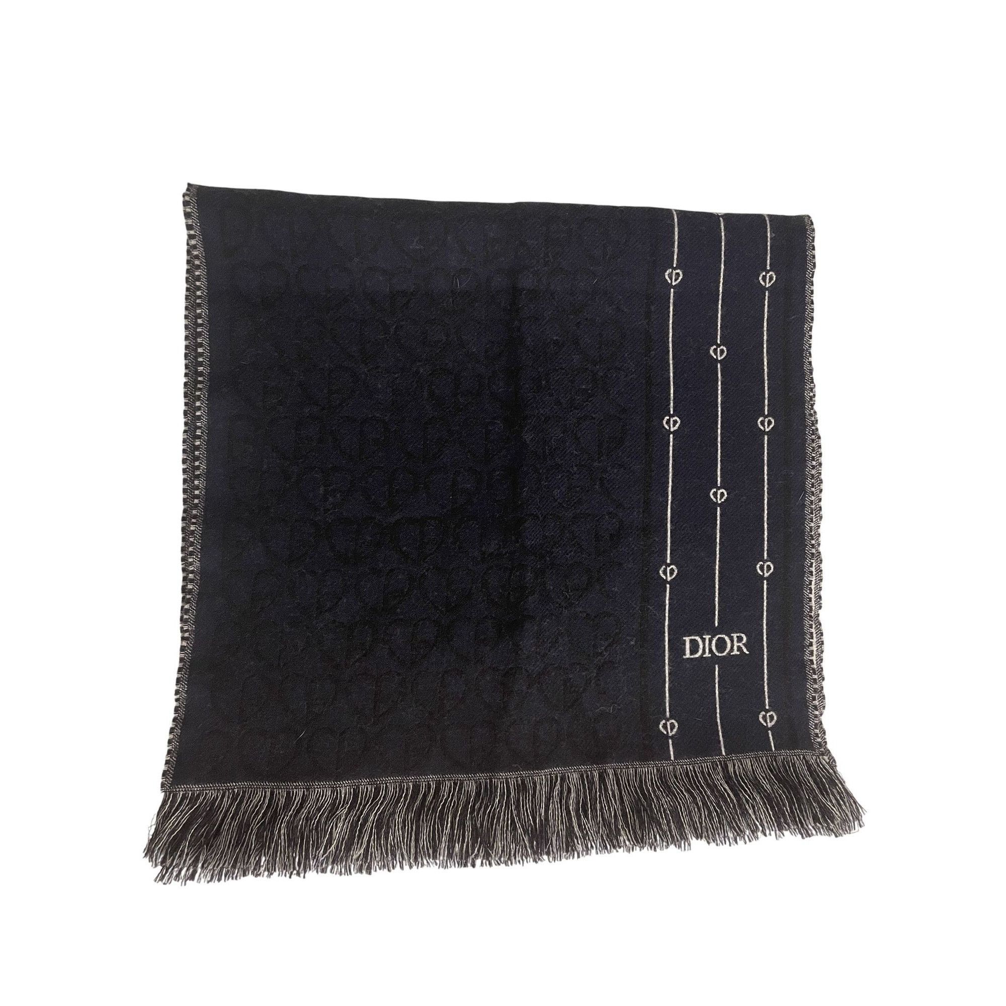 Dior Christian Dior Black Wool Scarf W/ Monogram Pattern & Fringe Size ONE SIZE - 1 Thumbnail