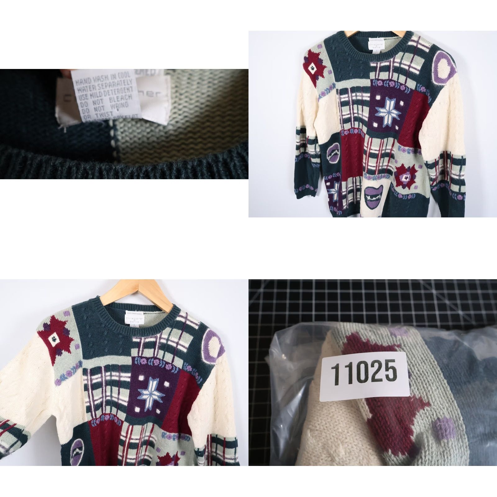 Vintage VINTAGE 90s Patchwork Sweater Women's Medium Green Ramie Cotton Christopher & Banks Crew Neck Embroidered Geometric Knit Pullover Casual Size M / US 6-8 / IT 42-44 - 8 Thumbnail