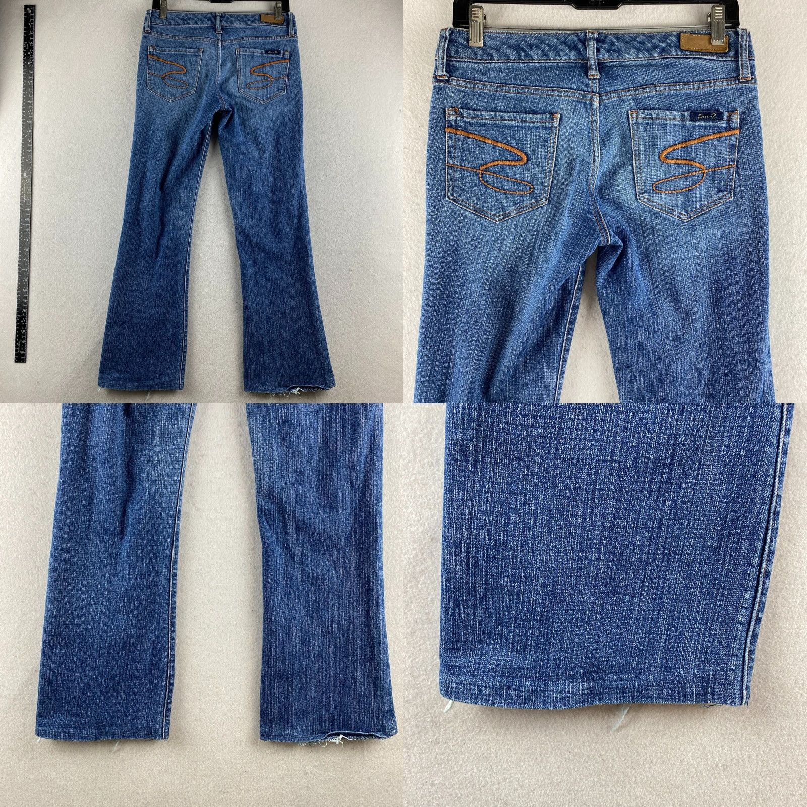 Vintage Seven7 Jeans Womens Flared Jeans 27 Blue Low-Rise Distressed Embroidered Denim Pants Size 27" / US 4 / IT 40 - 10 Thumbnail
