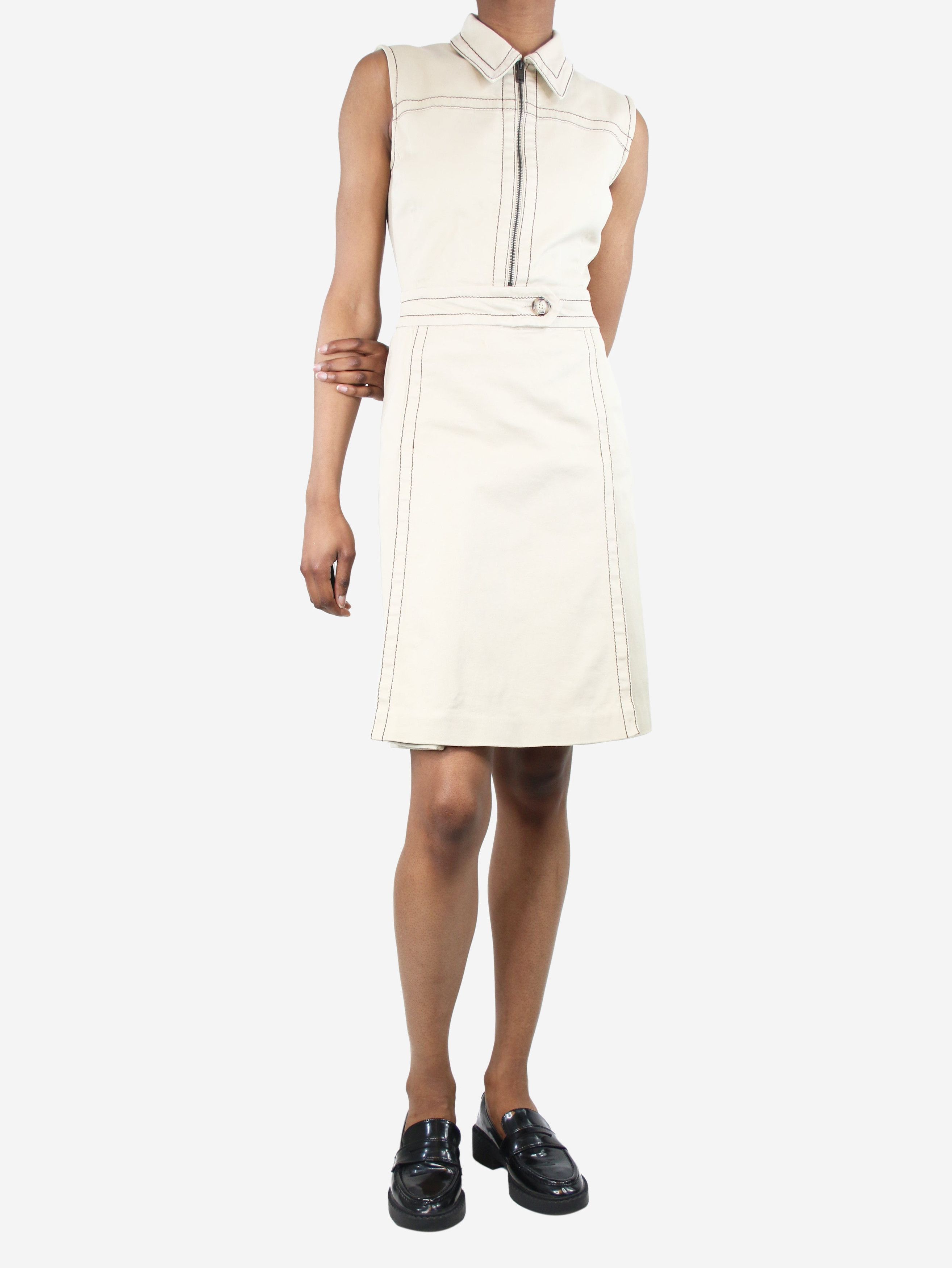 image of Prada Beige Sleeveless Contrast-Stitched Midi Dress - Size Uk 6, Women's