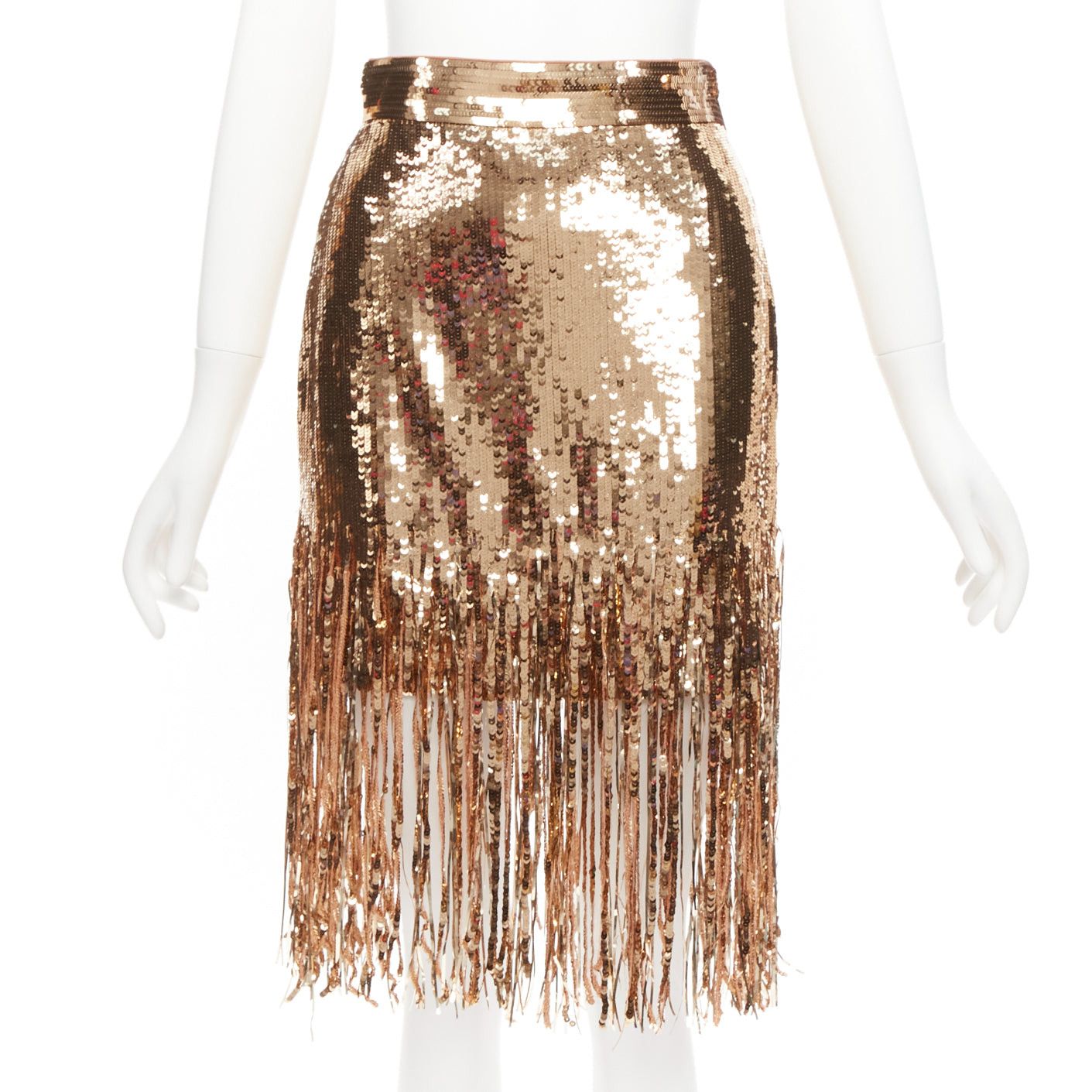 image of Msgm Metallic Gold Sequins Fringe Hem Flapped Skirt It38 Xs, Women's (Size 26)