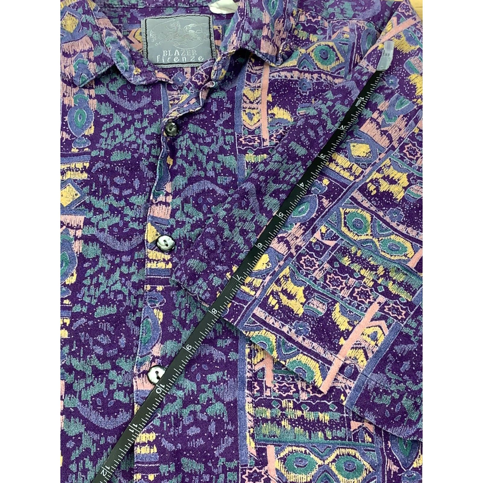 Vintage VINTAGE 90s Blazer Firenze Mens Button-Up Short Sleeve Purple M Geometric 4132 Size US 31 - 7 Thumbnail