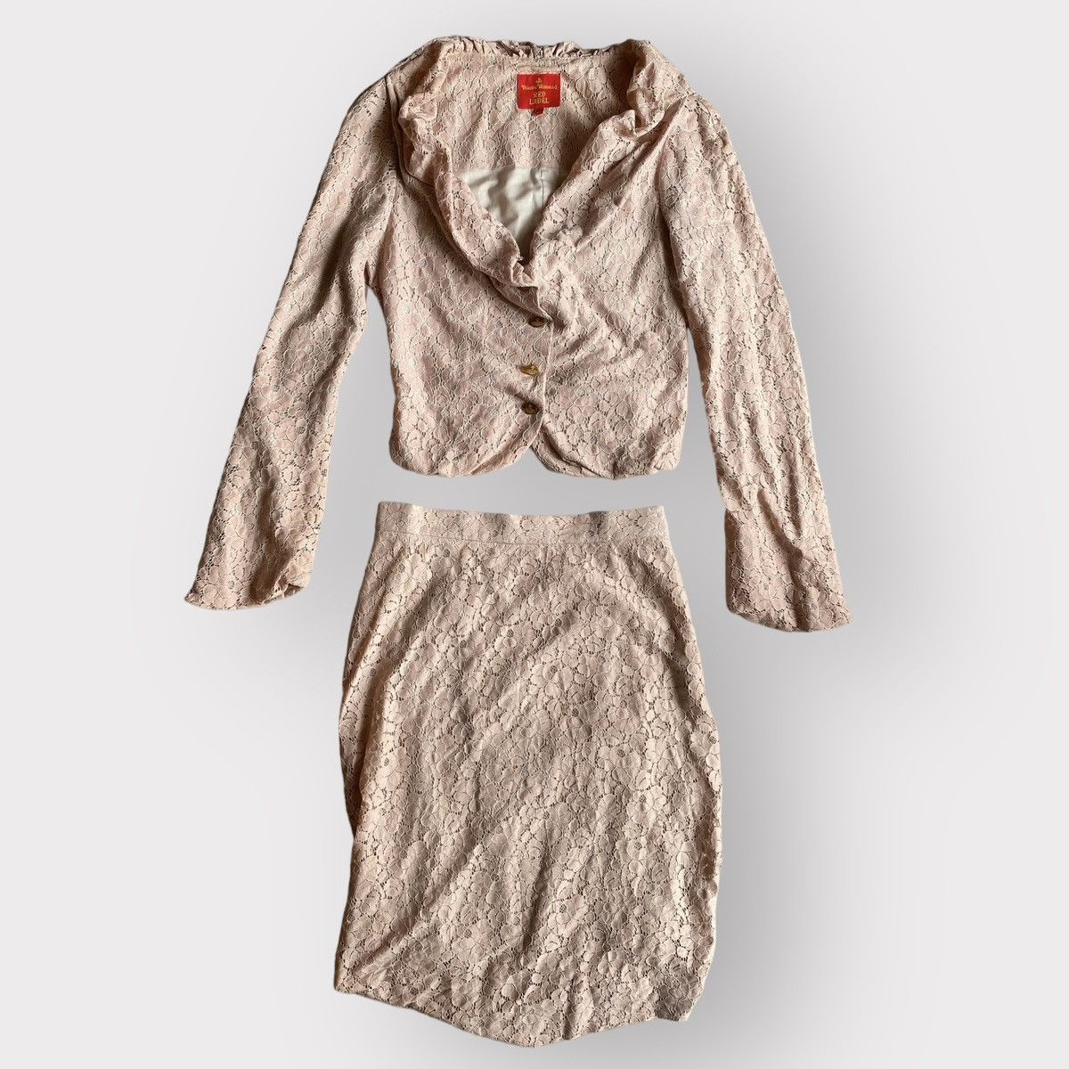 image of Vivienne Westwood Ss08 Lace Match Set (Blazer+Skirt) in Pale Pink, Women's (Size Medium)
