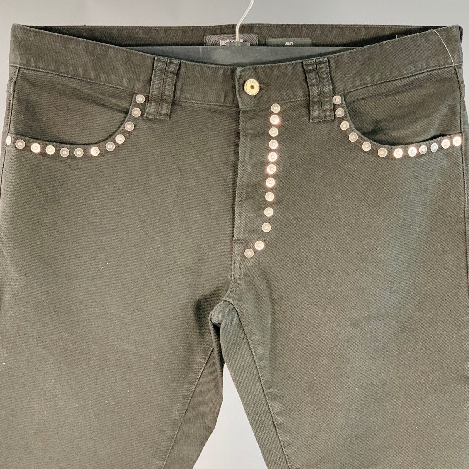 Just Cavalli Size 33 Black Silver Studded Cotton Denim Button Fly Jeans Size US 33 - 2 Thumbnail