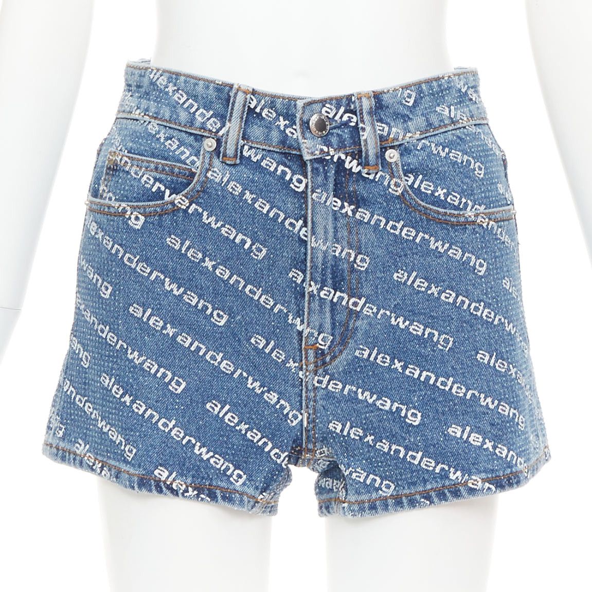 Alexander Wang ALEXANDER WANG Bite blue denim crystal rhinestone hotfix logo mini shorts 25" Size 27" / US 4 / IT 40 - 1 Thumbnail