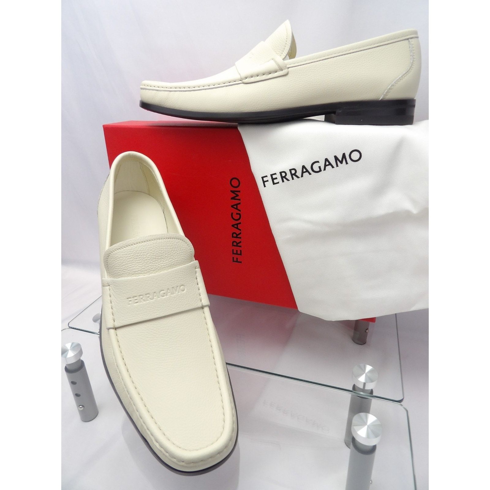 Salvatore Ferragamo FERRAGAMO DUPONT WHITE LEATHER LOGO PENNY LOAFERS 12 EE ITAL Size US 13 / EU 46 - 1 Thumbnail