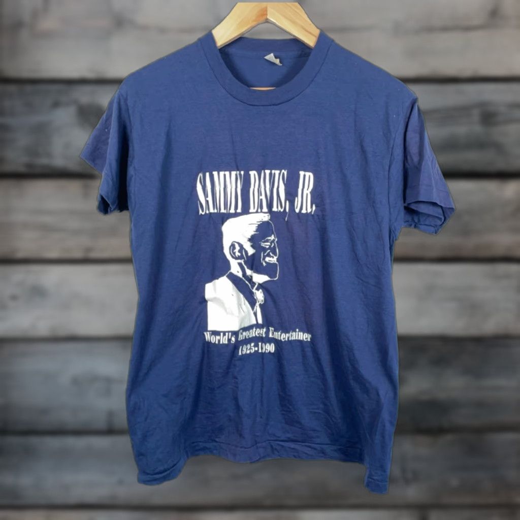 VINTAGE Screen Stars T-Shirt Adult Small 90s Sammy Davis Jr. Memorial Blue Graphic Print Short Sleeve Crew Neck Jersey 50/50 Cotton/Polyester Mens